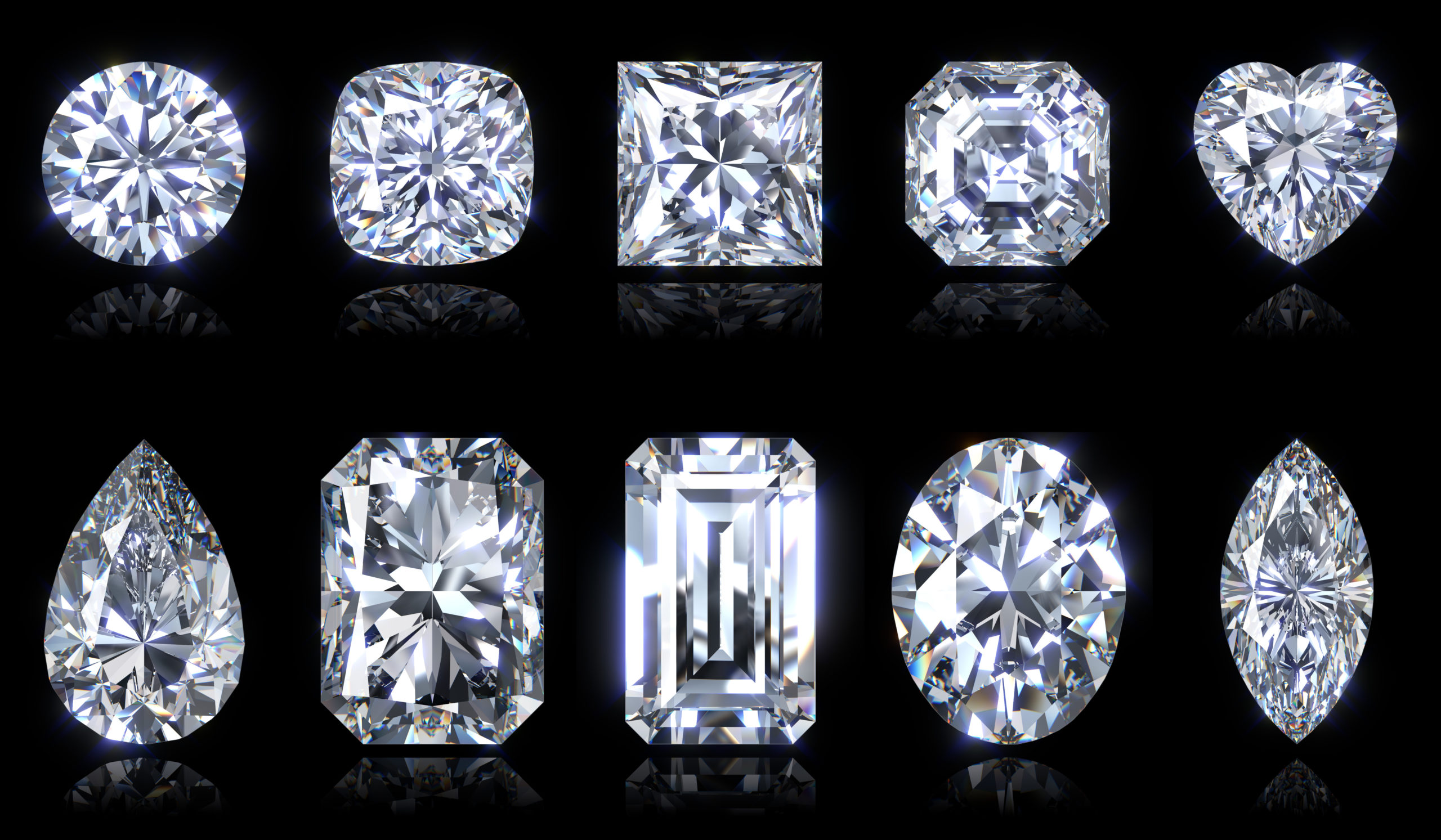 Ten the most popular diamond shapes isolated on black background. 3D